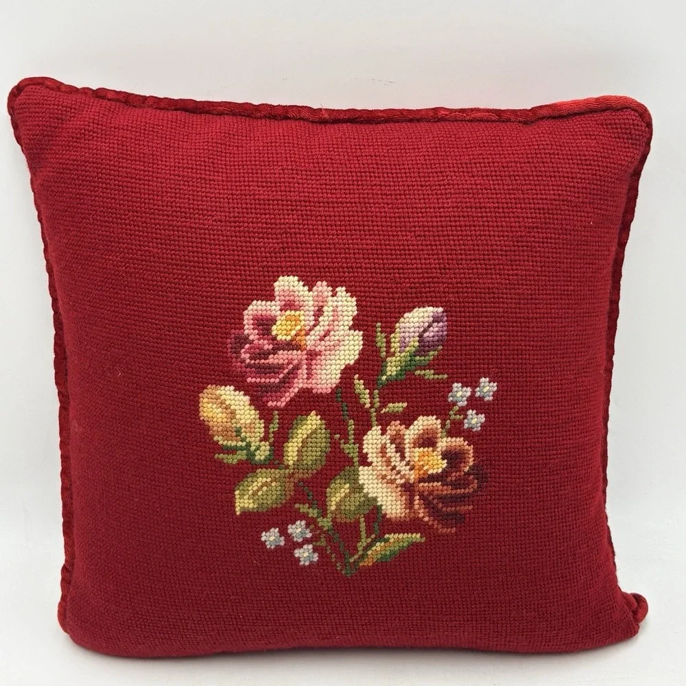 VTG Needlepoint Throw Pillows Burgundy Red Velvet Floral Handmade 14
